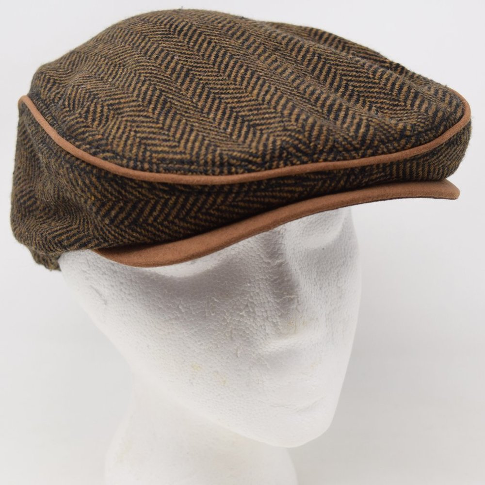 Fitted Flat Cap Herringbone Driving Cabbie Newsboy Men Small Medium Academia Drk